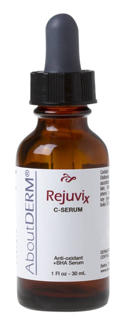 A bottle of rejuvix c serum on a green background