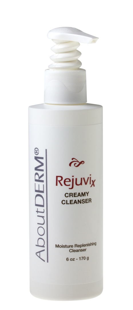 A bottle of rejuvix cream cleanser on a green background