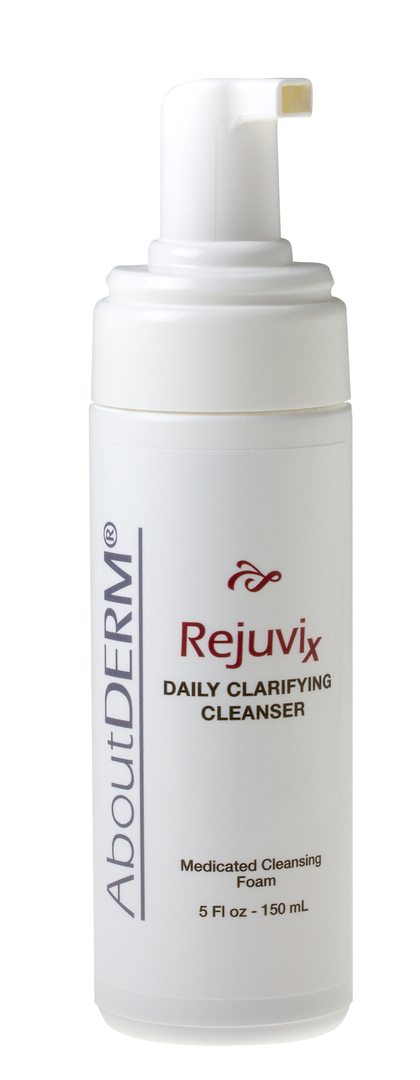 A bottle of rejuvix cleanser on top of a white surface.