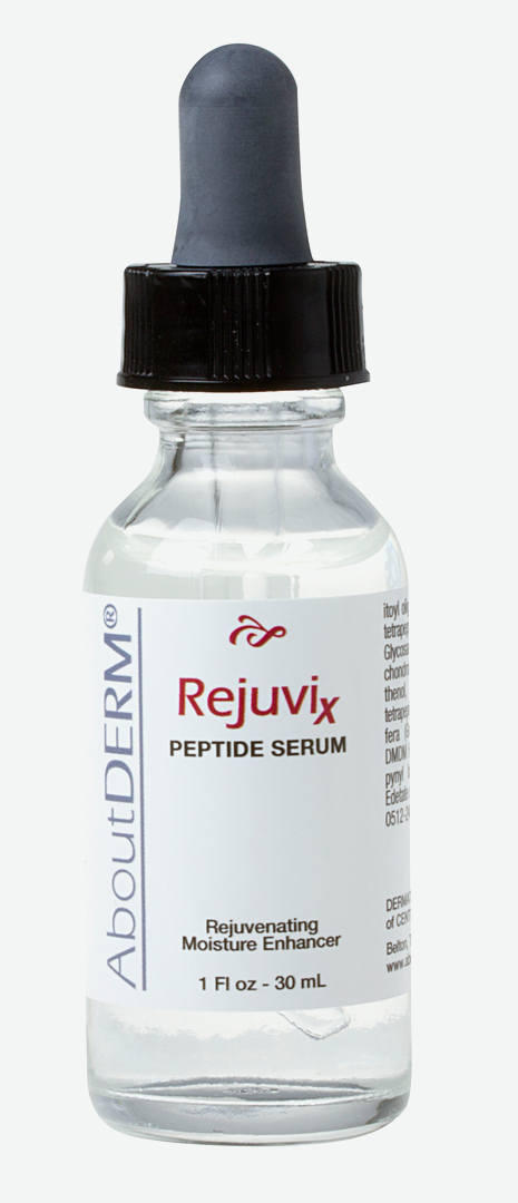 A bottle of serum is shown with the label.