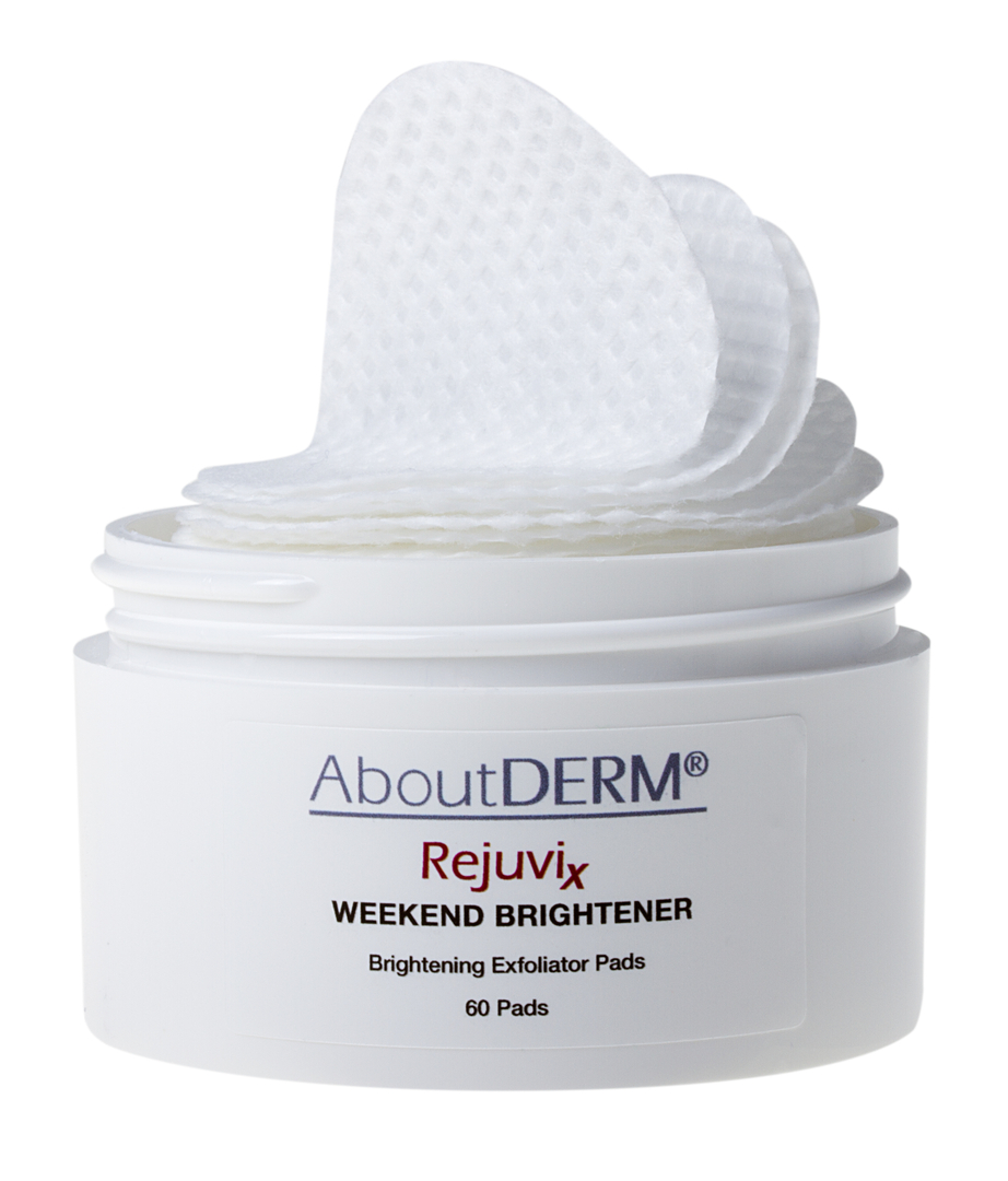 A white container of facial pads with the words about derm rejuv weekend brightener on it.